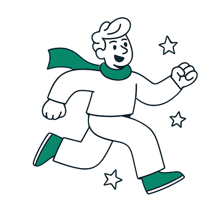 Ilustracao de personagem DigDin correndo feliz com estrelas ao redor, representando sucesso e energia