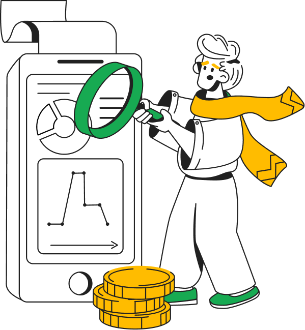 Ilustracao de personagem DigDin analisando graficos e metricas financeiras em um tablet, representando o controle total sobre suas vendas